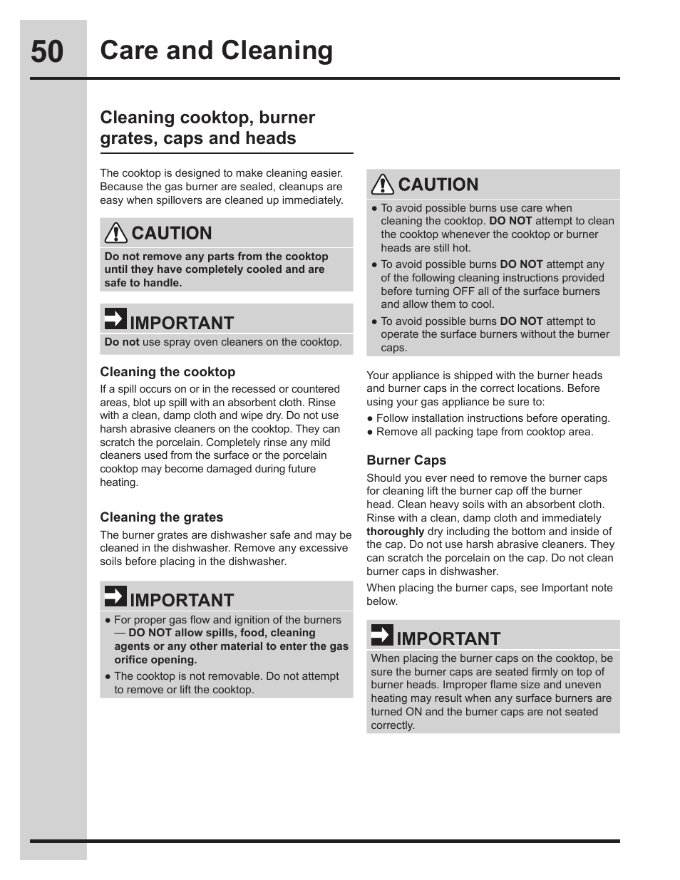 Care and cleaning, Cleaning cooktop, burner grates, caps and heads, Important | Electrolux EW30DS75KS User Manual | Page 50 / 56