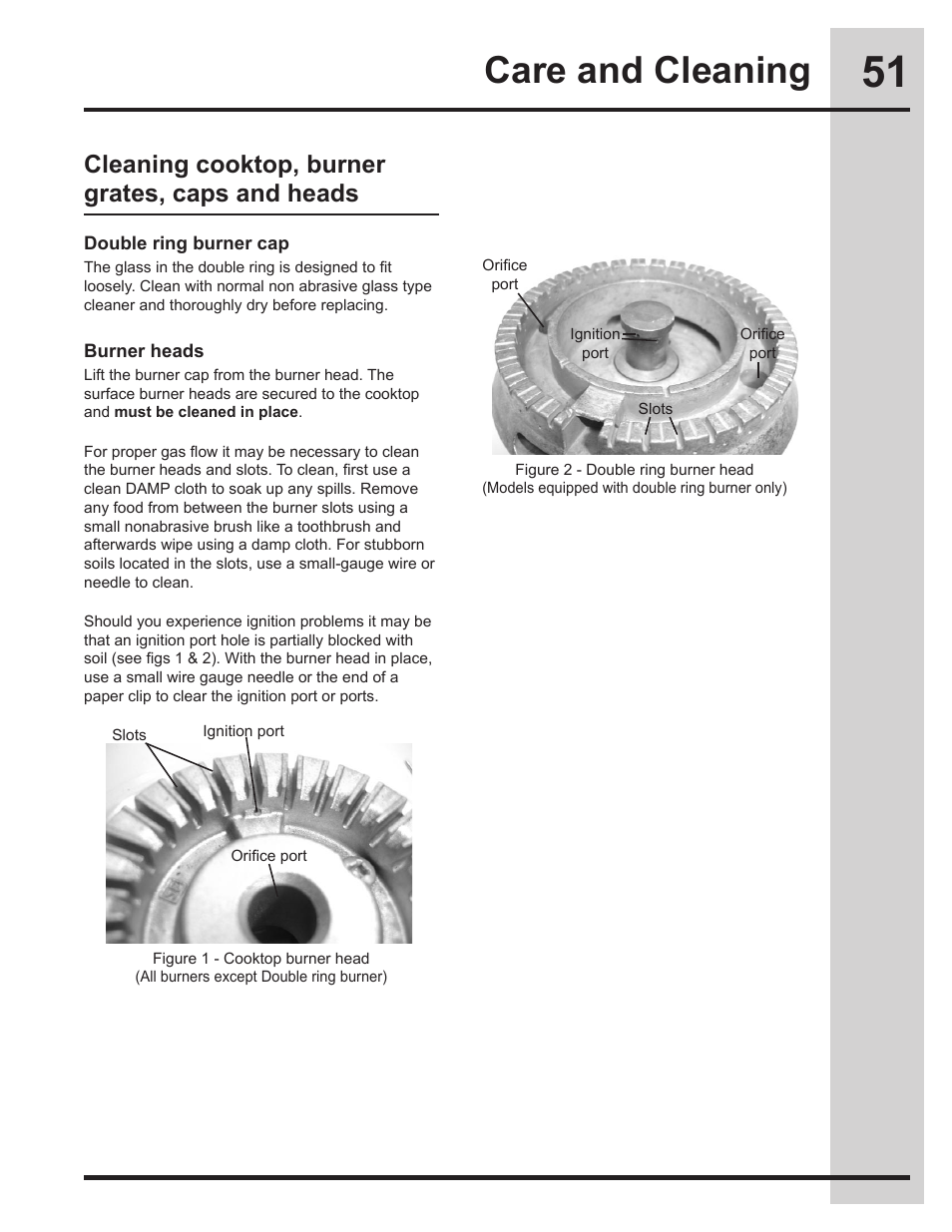 Care and cleaning, Cleaning cooktop, burner grates, caps and heads | Electrolux EW30DS75KS User Manual | Page 51 / 56