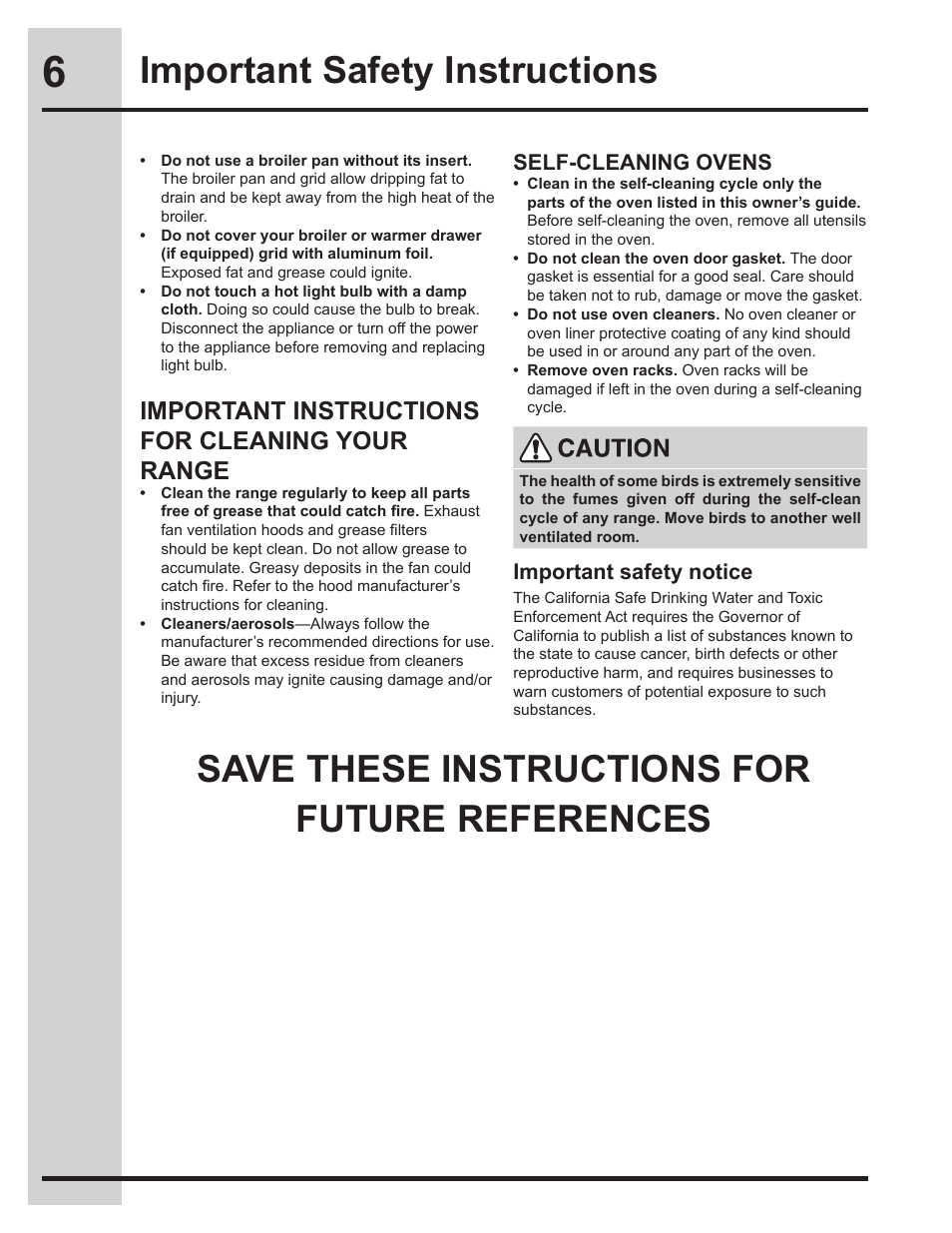 Save these instructions for future references, Important safety instructions, Important instructions for cleaning your range | Self-cleaning ovens, Important safety notice | Electrolux EW30DS75KS User Manual | Page 6 / 56