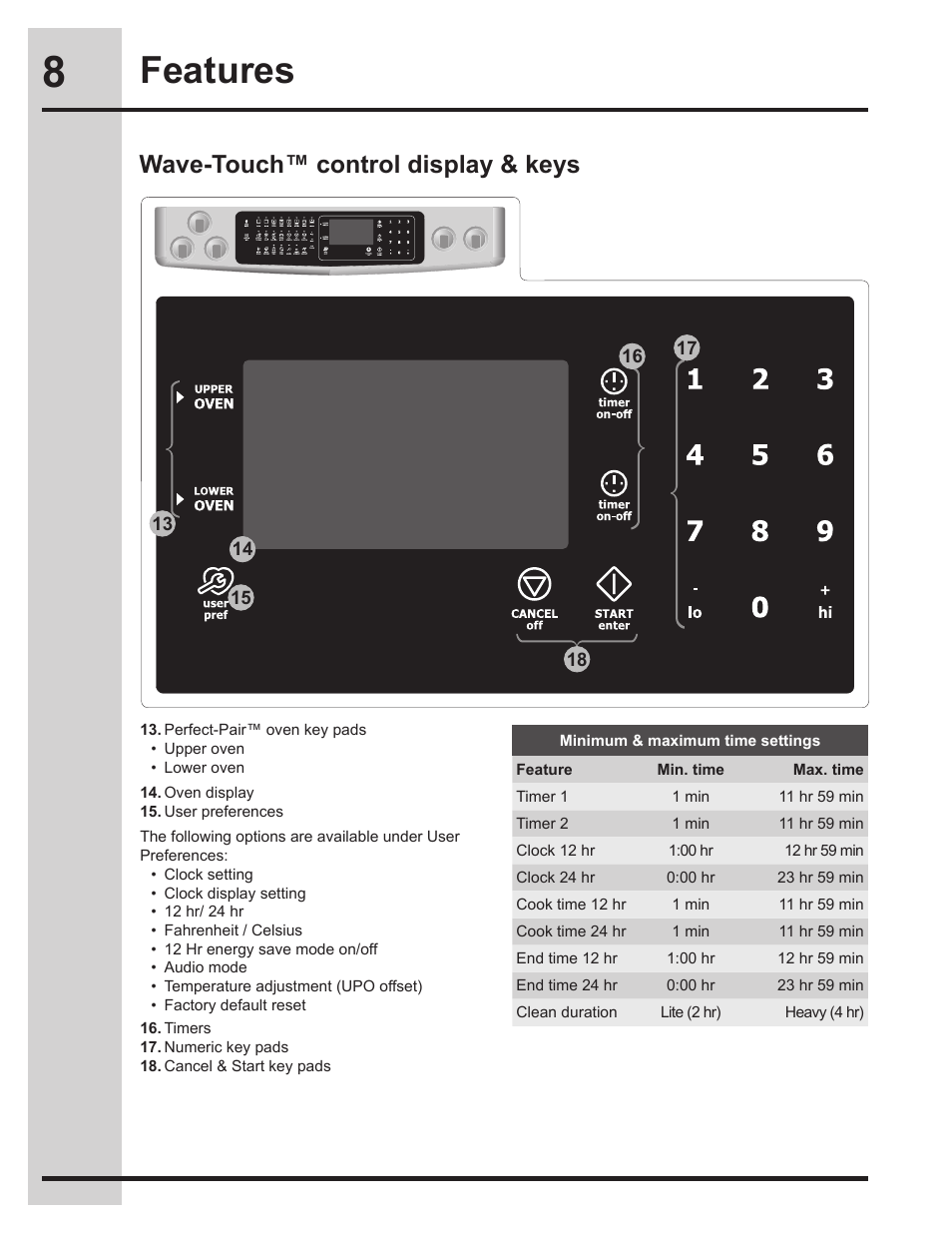 Features, Wave-touch™ control display & keys | Electrolux EW30DS75KS User Manual | Page 8 / 56