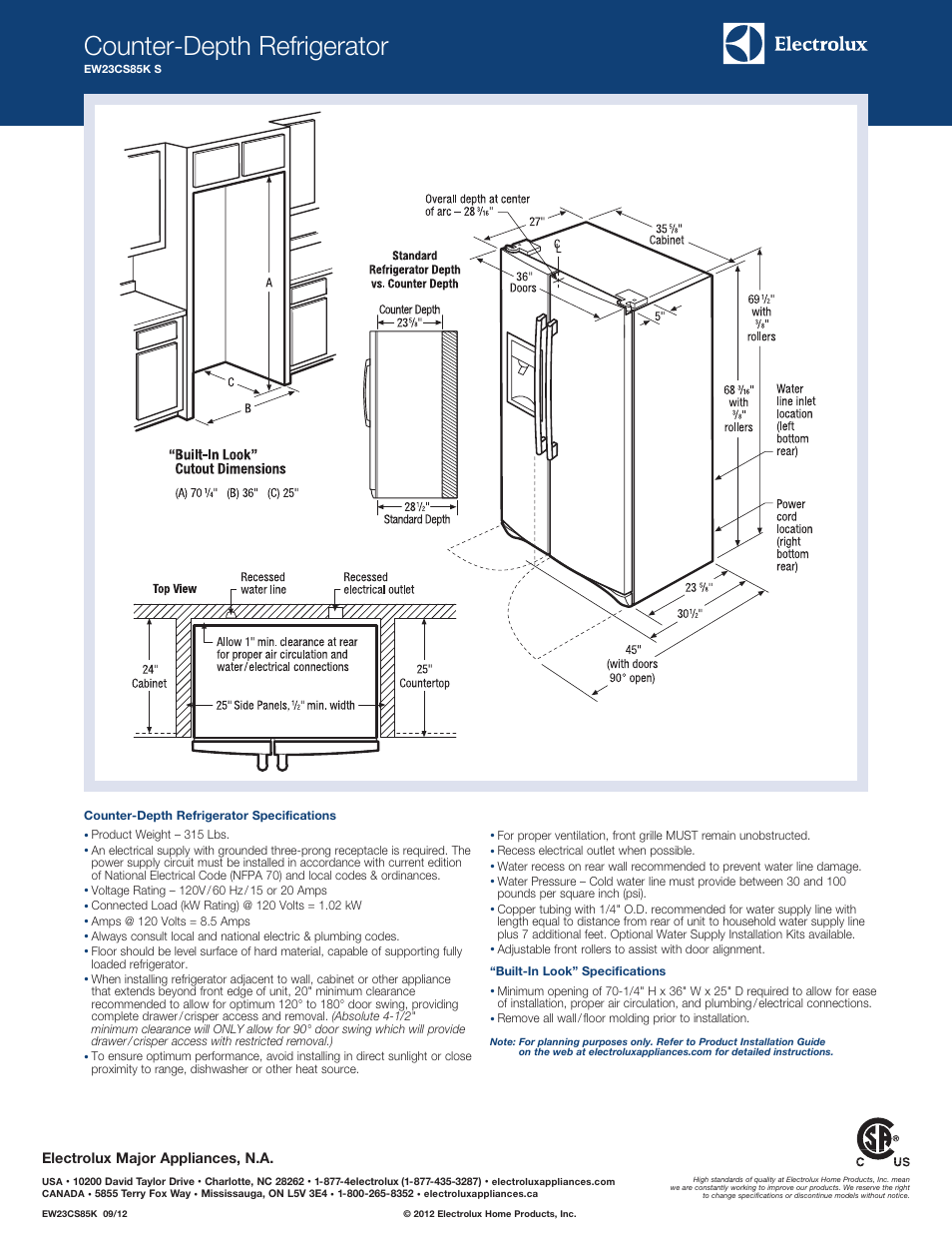 Counterdepth refrigerator ew23cs85k, Counter-depth refrigerator | Electrolux EW23CS85KS User Manual | Page 2 / 3