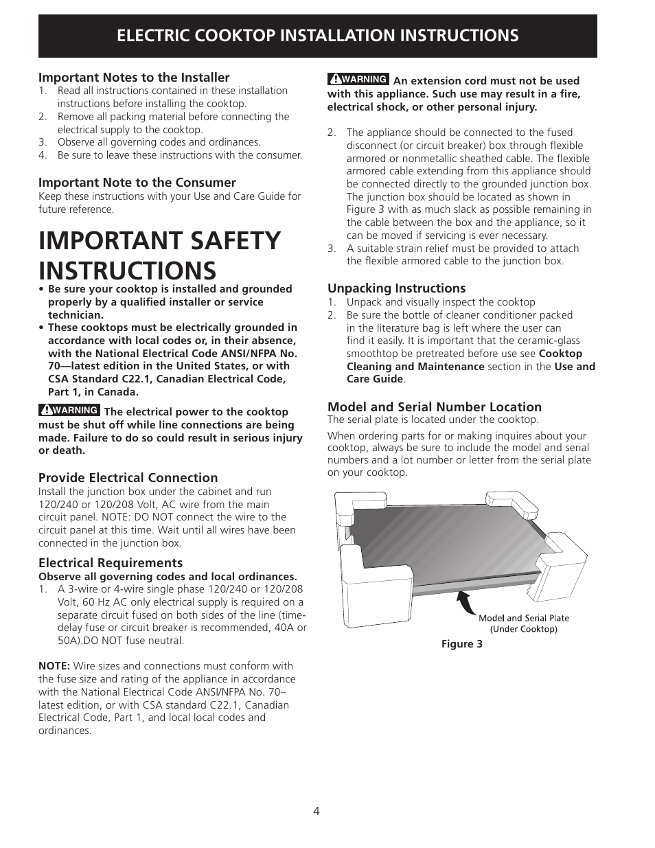 Important safety instructions, Electric cooktop installation instructions | Electrolux EW30CC55GS User Manual | Page 4 / 20