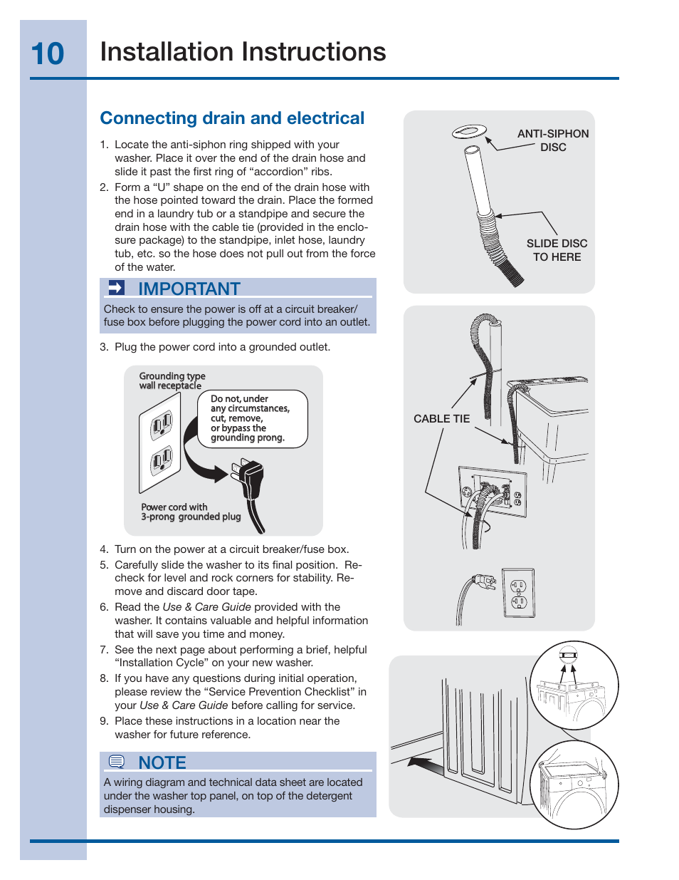 Installation instructions, Connecting drain and electrical, Important | Electrolux EIFLS60LT User Manual | Page 10 / 60