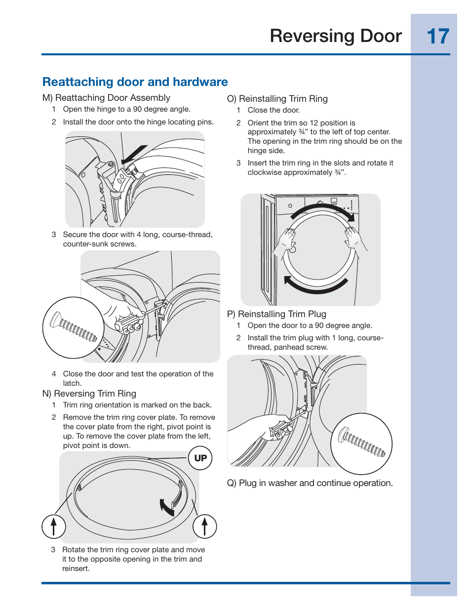 Reversing door, Reattaching door and hardware | Electrolux EIFLS60LT User Manual | Page 17 / 60