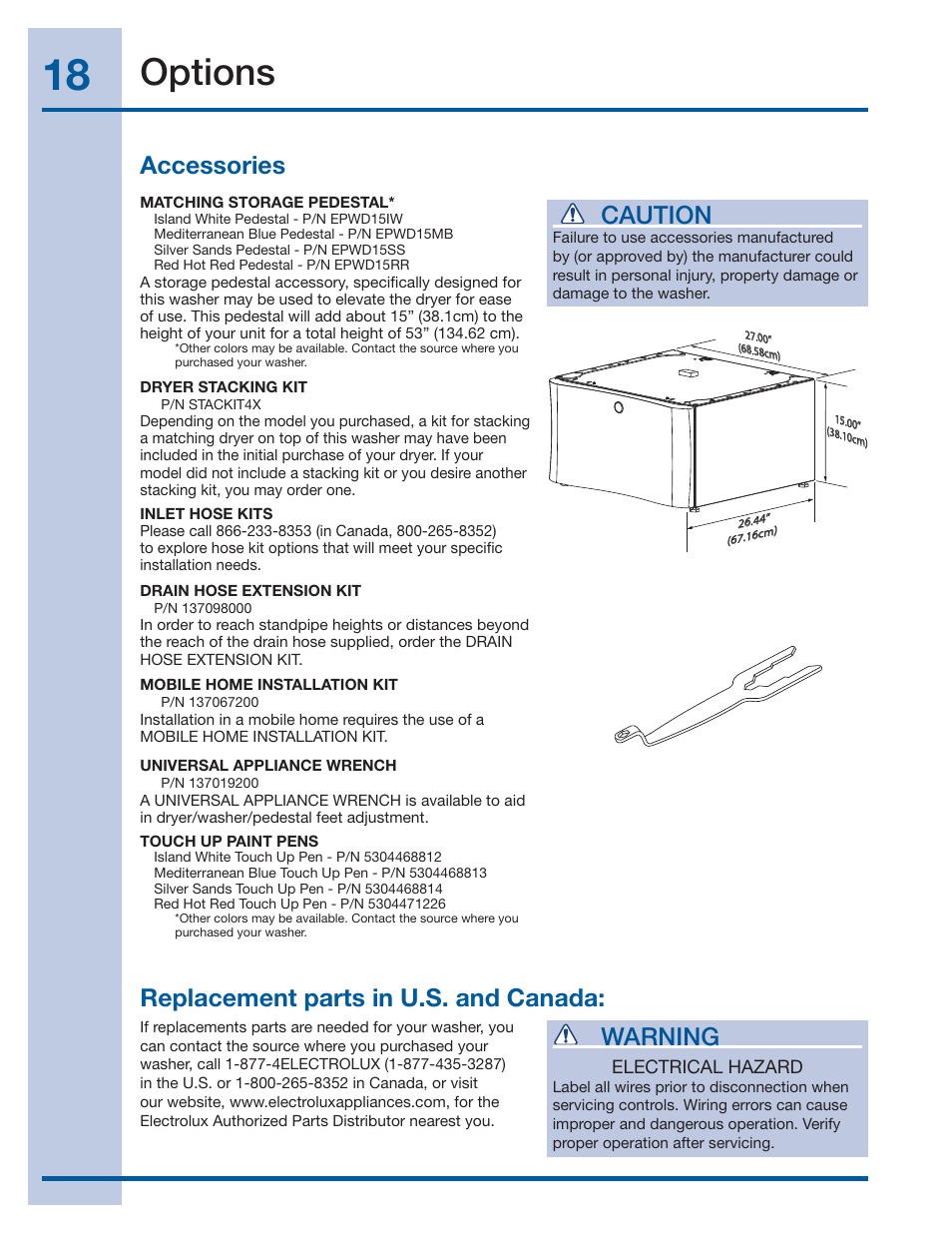 Options, Warning, Accessories | Caution, Replacement parts in u.s. and canada | Electrolux EIFLS60LT User Manual | Page 18 / 60