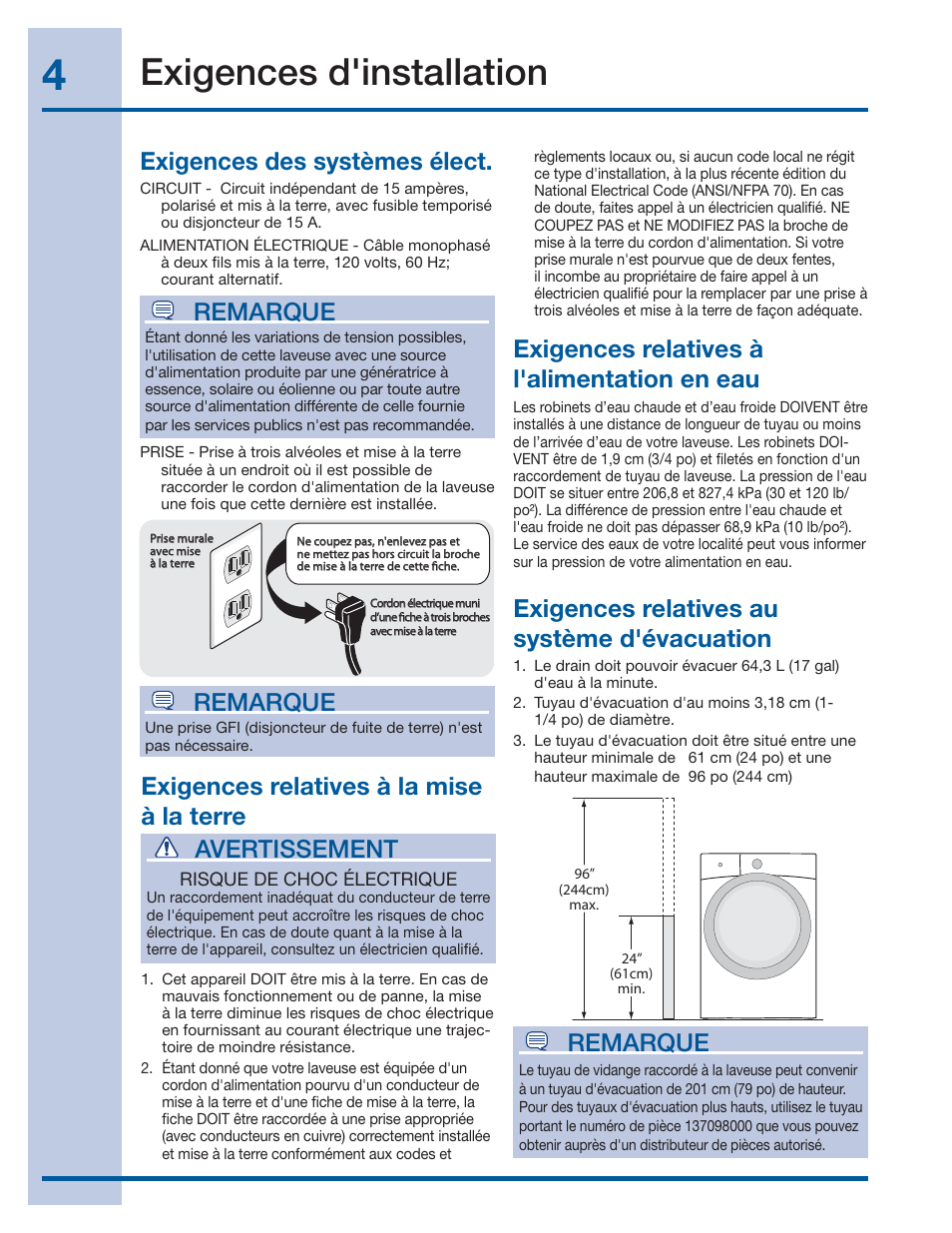 Exigences d'installation, Remarque, Avertissement | Electrolux EIFLS60LT User Manual | Page 22 / 60