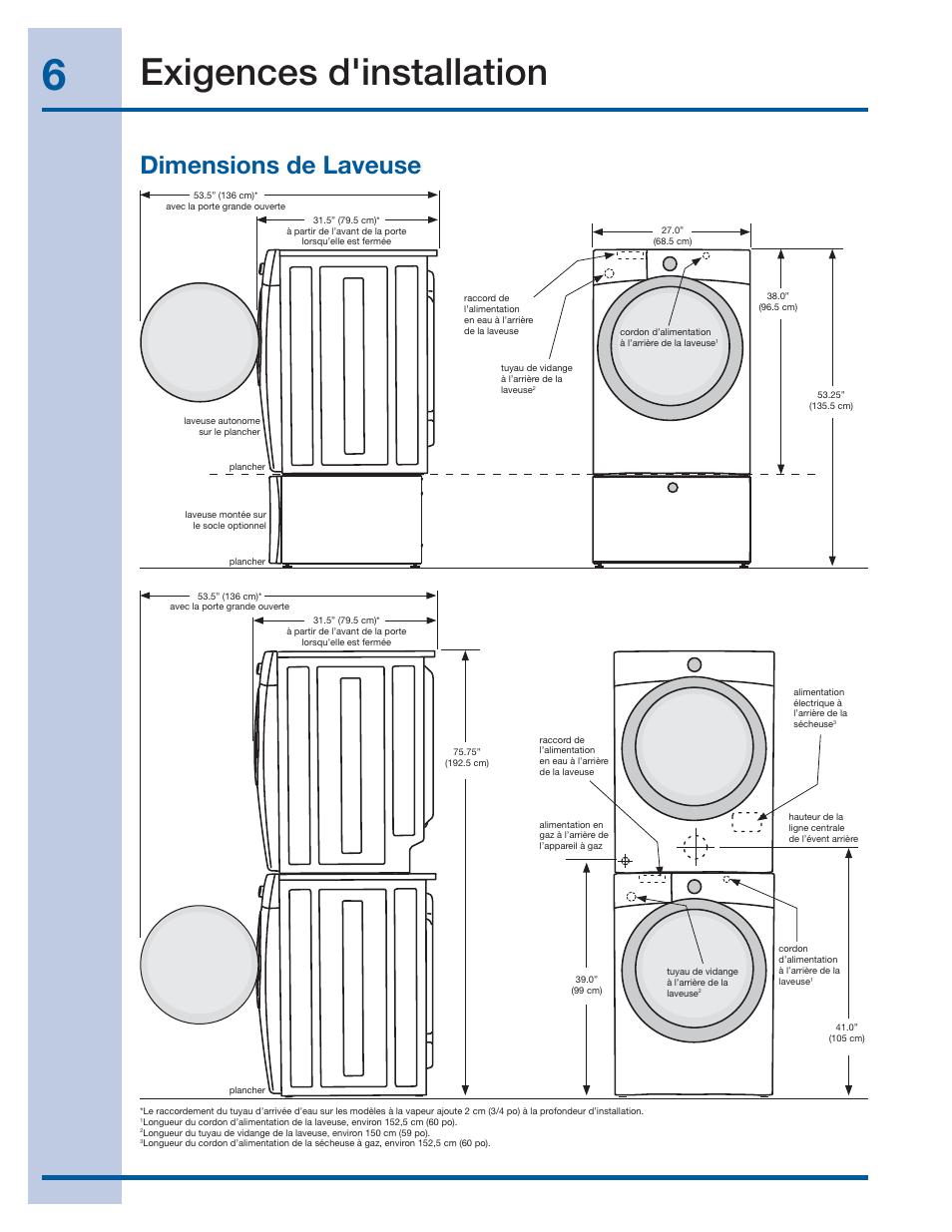 Exigences d'installation, Dimensions de laveuse | Electrolux EIFLS60LT User Manual | Page 24 / 60