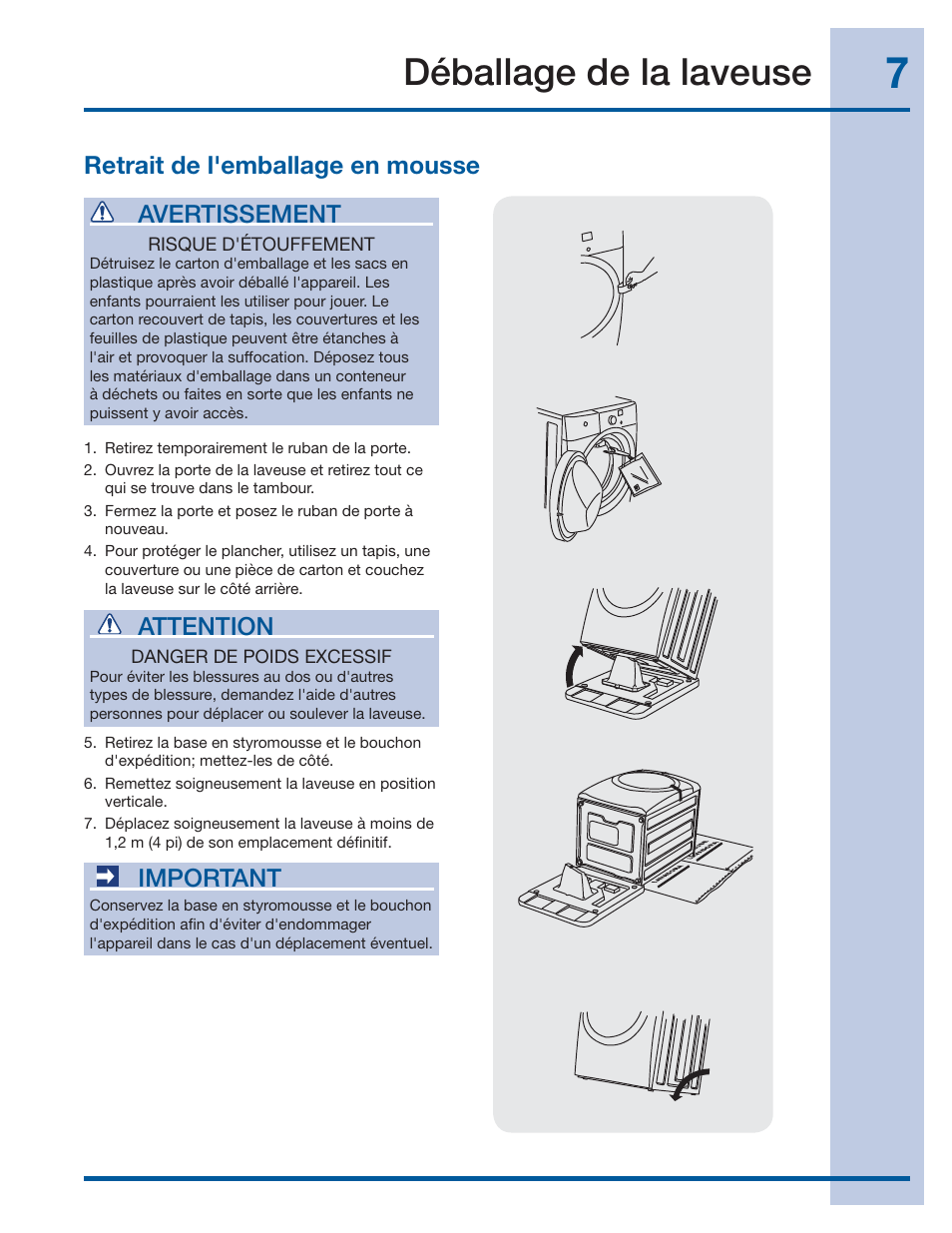 Déballage de la laveuse, Retrait de l'emballage en mousse, Important | Attention, Avertissement | Electrolux EIFLS60LT User Manual | Page 25 / 60