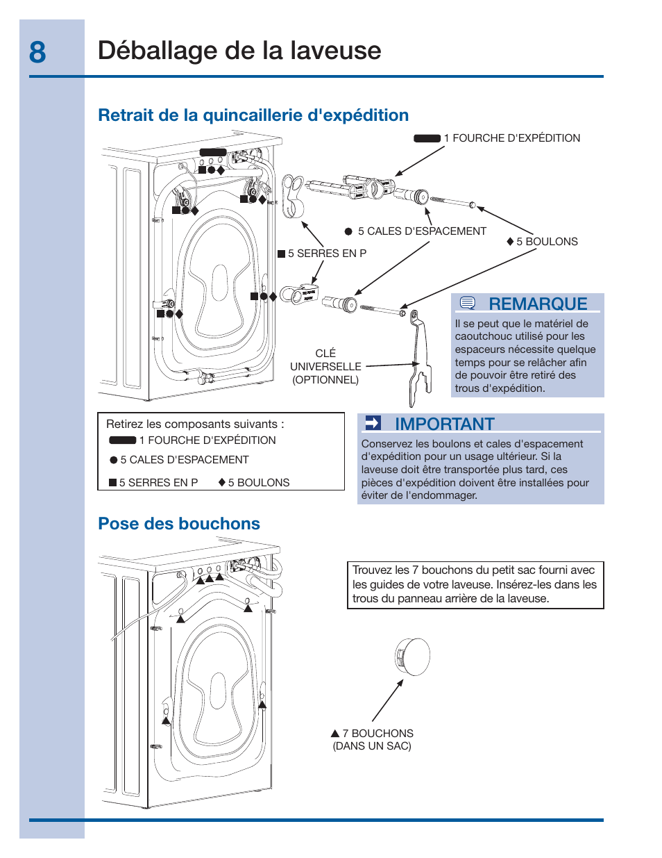 Déballage de la laveuse, Important | Electrolux EIFLS60LT User Manual | Page 26 / 60