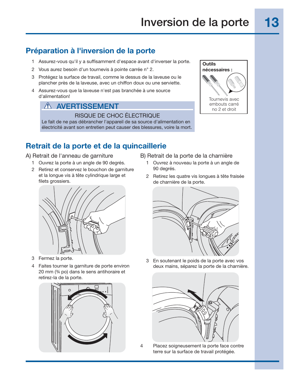 Inversion de la porte, Avertissement, Retrait de la porte et de la quincaillerie | Préparation à l'inversion de la porte | Electrolux EIFLS60LT User Manual | Page 31 / 60