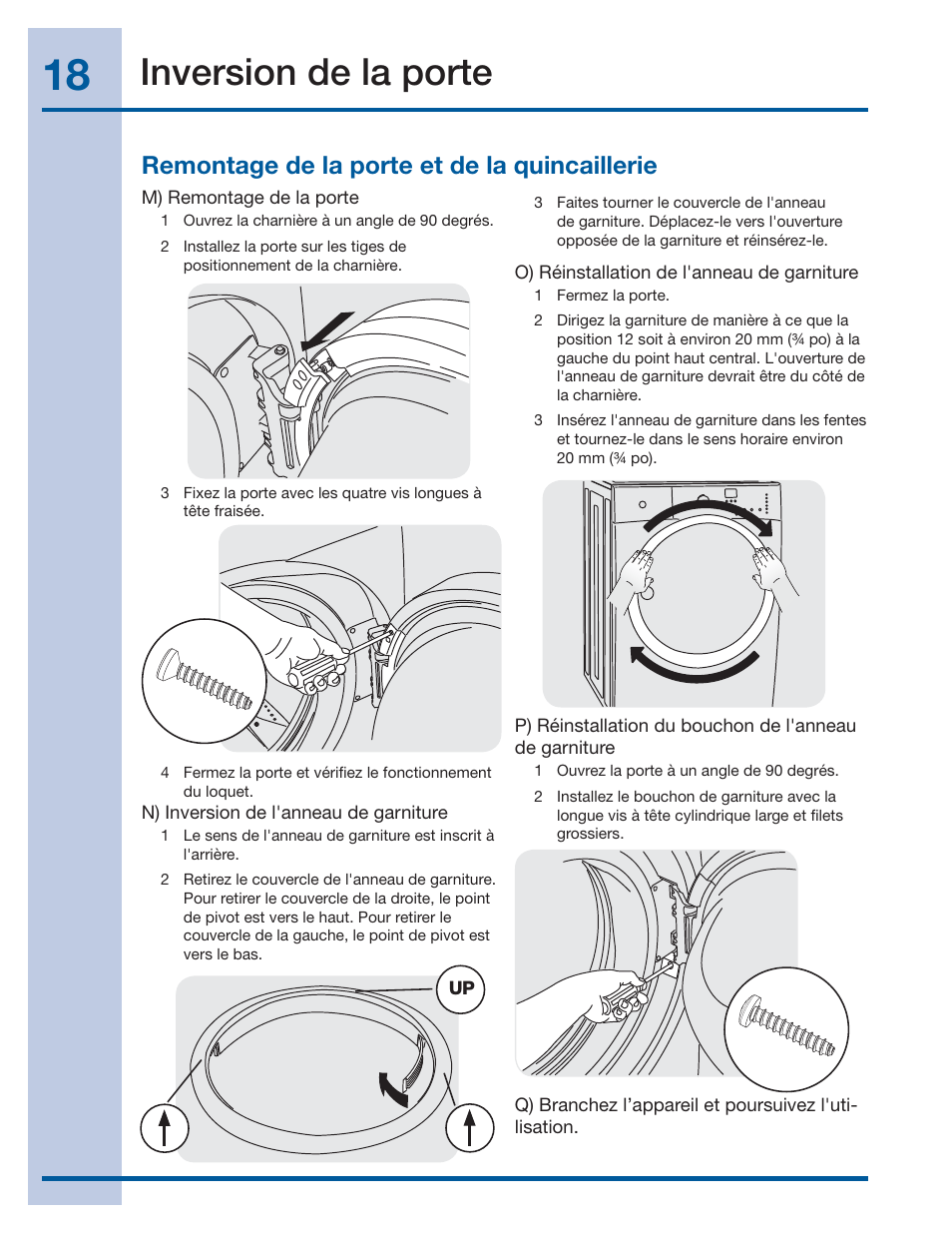 Inversion de la porte, Remontage de la porte et de la quincaillerie | Electrolux EIFLS60LT User Manual | Page 36 / 60