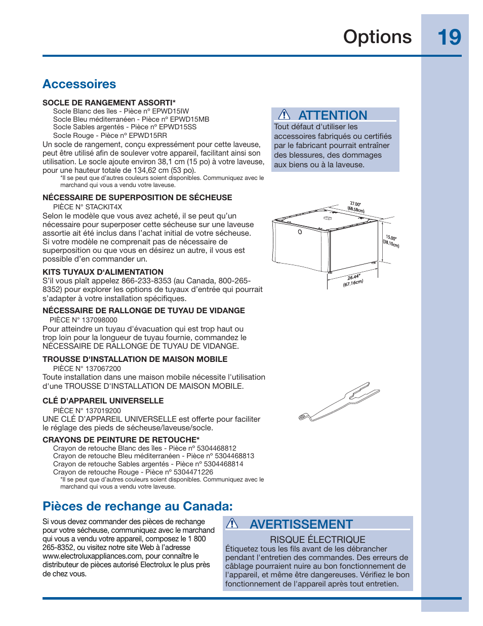 Options, Avertissement, Accessoires pièces de rechange au canada | Attention | Electrolux EIFLS60LT User Manual | Page 37 / 60