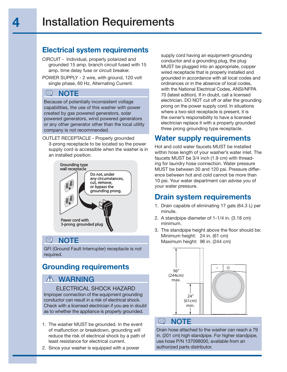 Installation requirements, Warning | Electrolux EIFLS60LT User Manual | Page 4 / 60