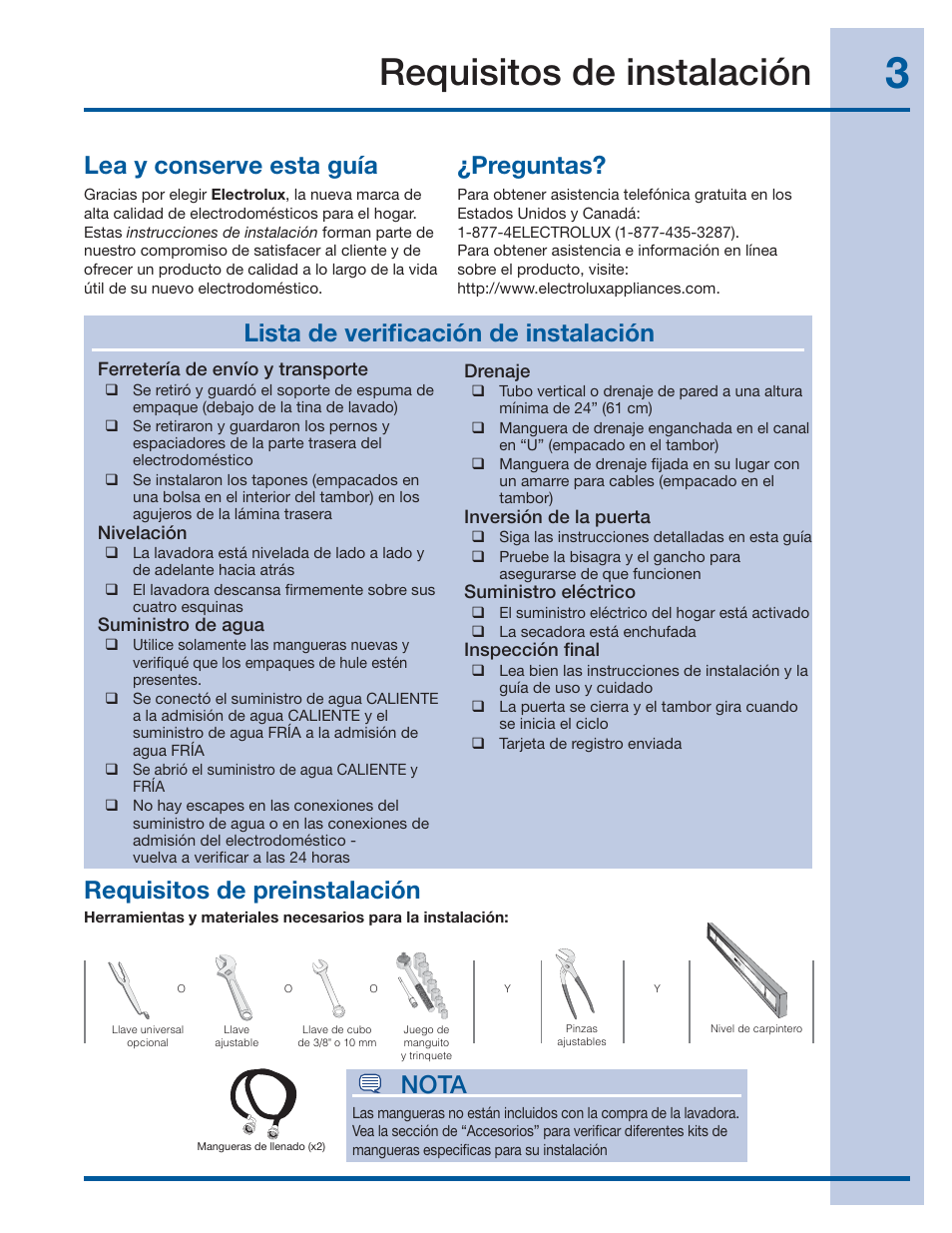 Requisitos de instalación, Requisitos de preinstalación, Lea y conserve esta guía | Preguntas, Lista de verifi cación de instalación, Nota | Electrolux EIFLS60LT User Manual | Page 41 / 60