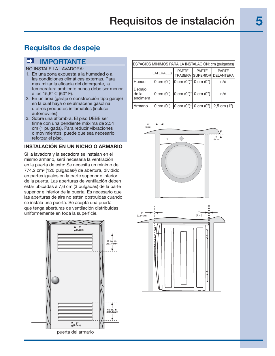 Requisitos de instalación, Requisitos de despeje, Importante | Instalación en un nicho o armario | Electrolux EIFLS60LT User Manual | Page 43 / 60