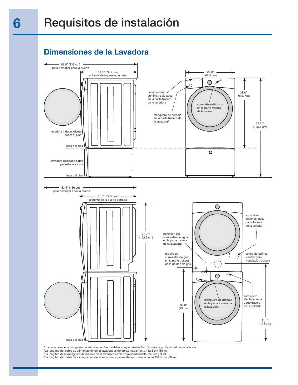 Requisitos de instalación, Dimensiones de la lavadora | Electrolux EIFLS60LT User Manual | Page 44 / 60