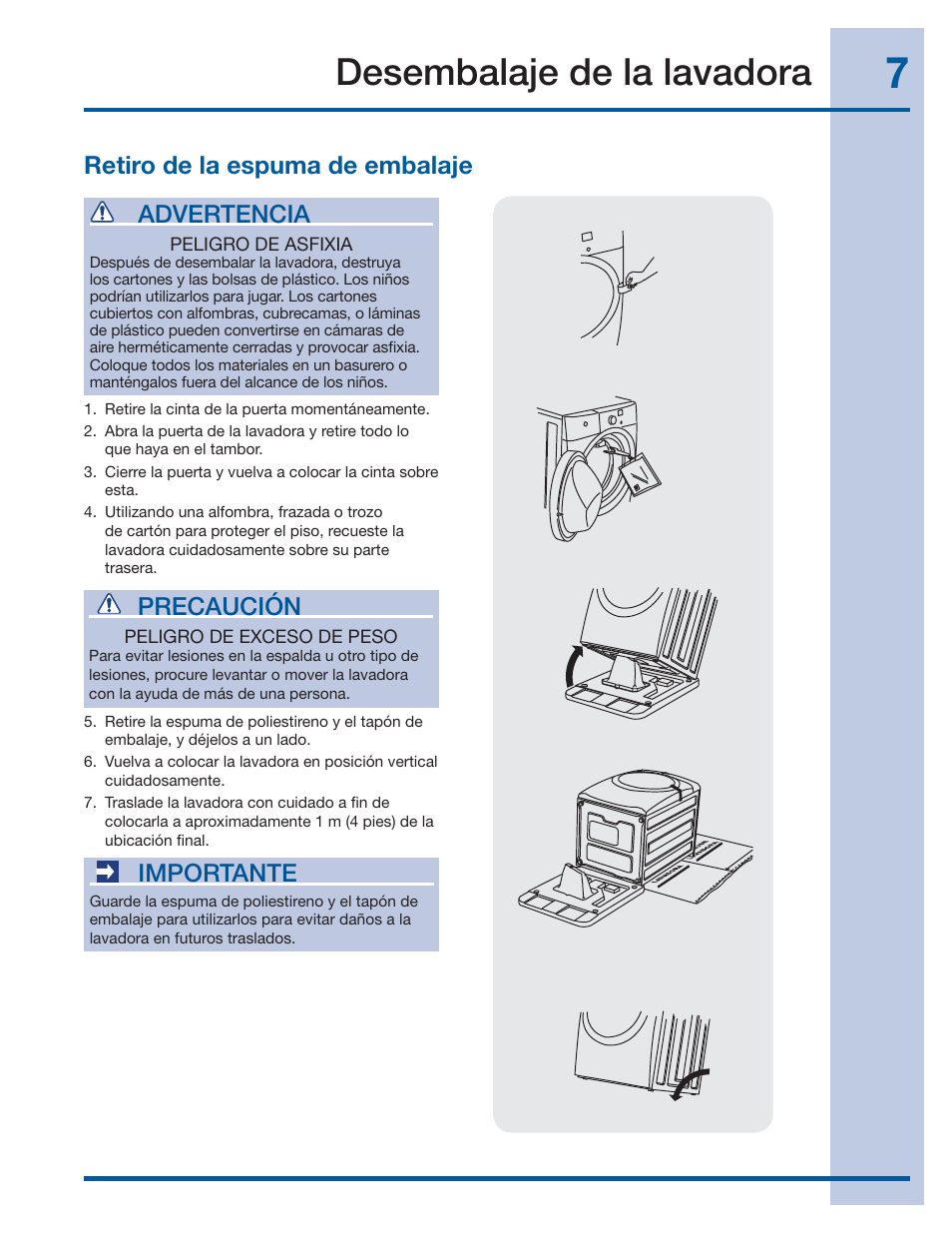 Desembalaje de la lavadora, Retiro de la espuma de embalaje, Importante | Precaución, Advertencia | Electrolux EIFLS60LT User Manual | Page 45 / 60