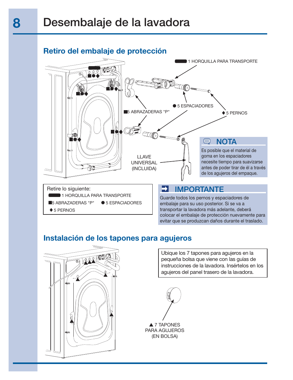 Desembalaje de la lavadora, Importante | Electrolux EIFLS60LT User Manual | Page 46 / 60