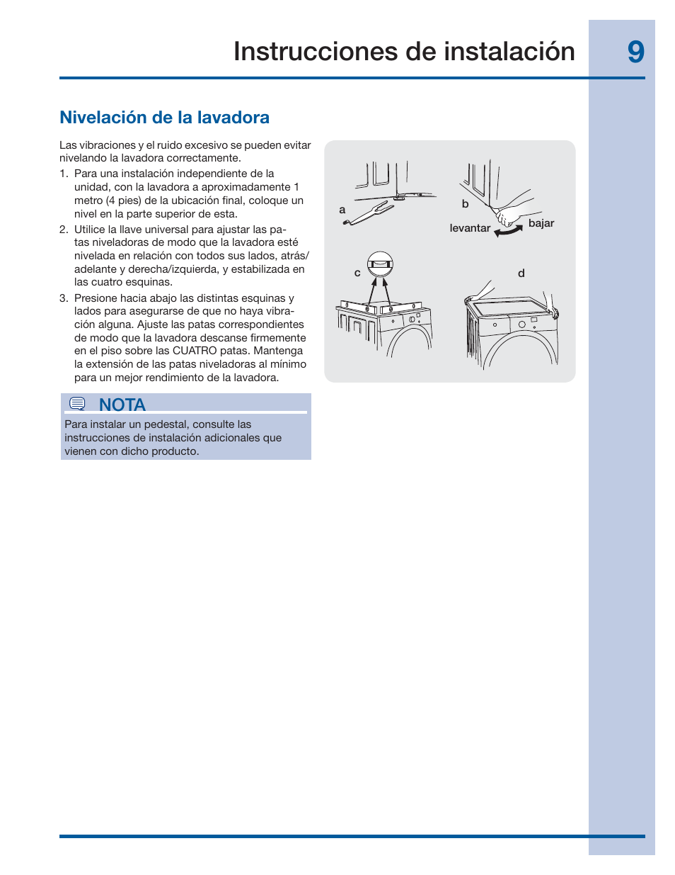 Instrucciones de instalación, Nivelación de la lavadora, Nota | Electrolux EIFLS60LT User Manual | Page 47 / 60