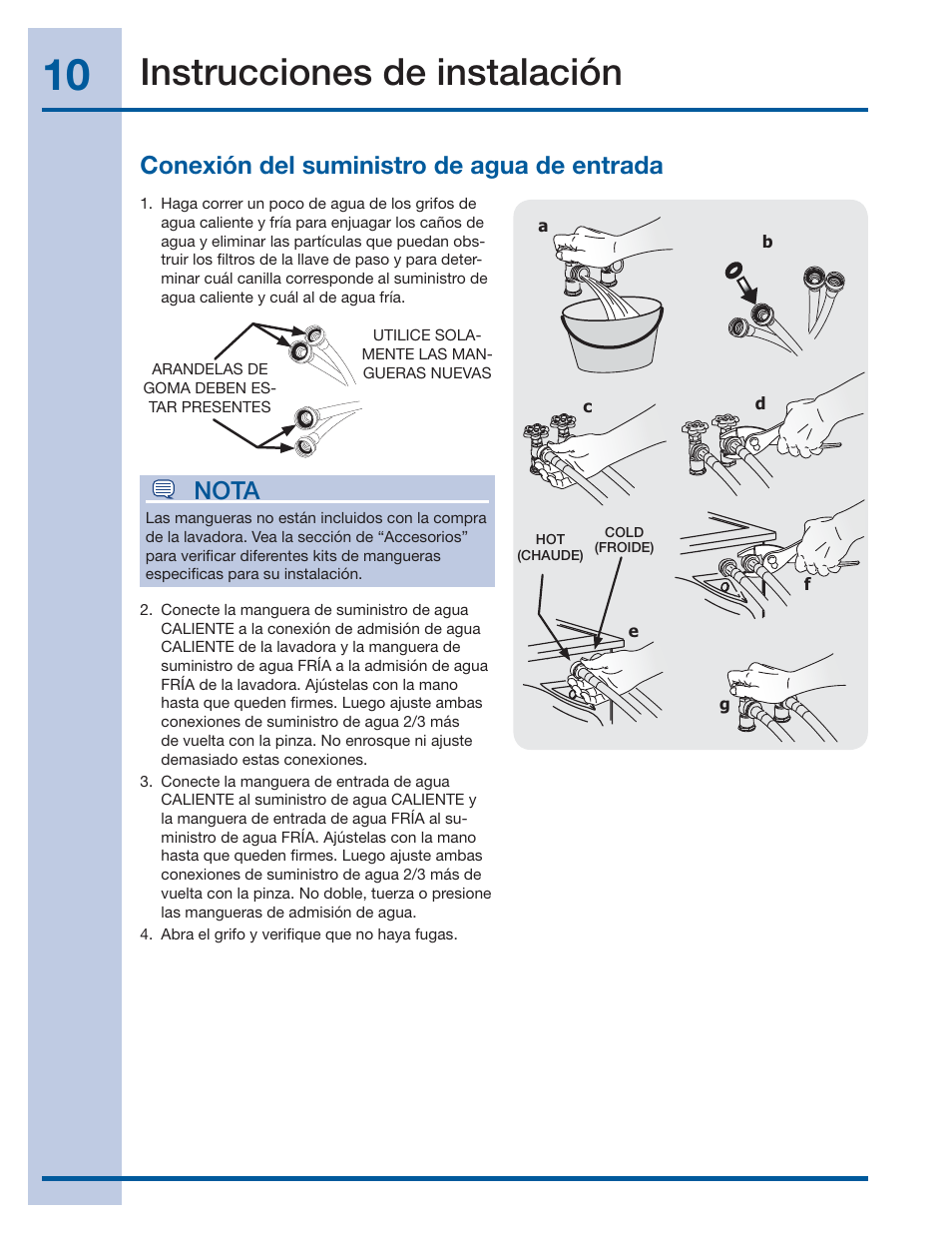 Instrucciones de instalación, Nota, Conexión del suministro de agua de entrada | Electrolux EIFLS60LT User Manual | Page 48 / 60