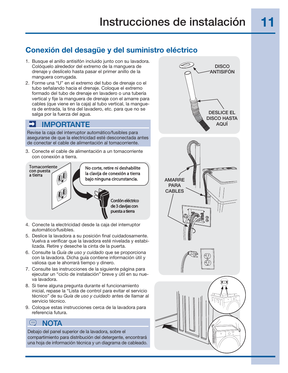 Instrucciones de instalación, Conexión del desagüe y del suministro eléctrico, Importante | Nota | Electrolux EIFLS60LT User Manual | Page 49 / 60