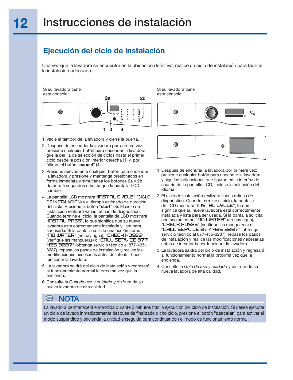 Instrucciones de instalación, Ejecución del ciclo de instalación nota | Electrolux EIFLS60LT User Manual | Page 50 / 60