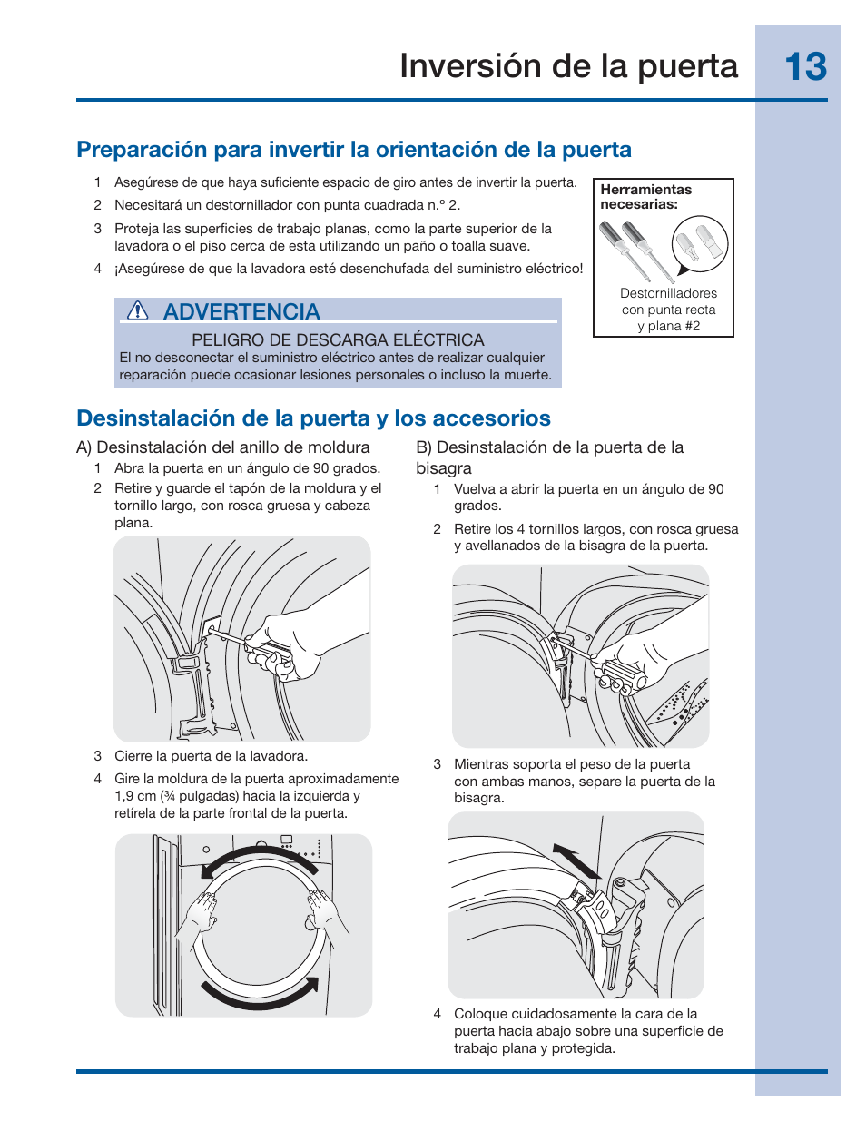 Inversión de la puerta, Advertencia, Desinstalación de la puerta y los accesorios | Electrolux EIFLS60LT User Manual | Page 51 / 60