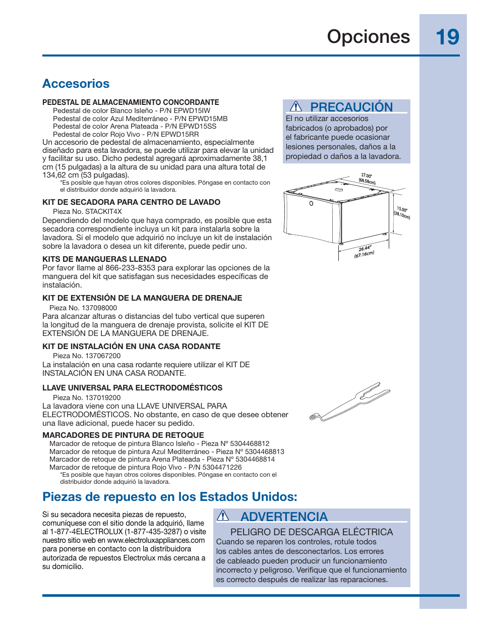 Opciones, Advertencia, Precaución | Electrolux EIFLS60LT User Manual | Page 57 / 60