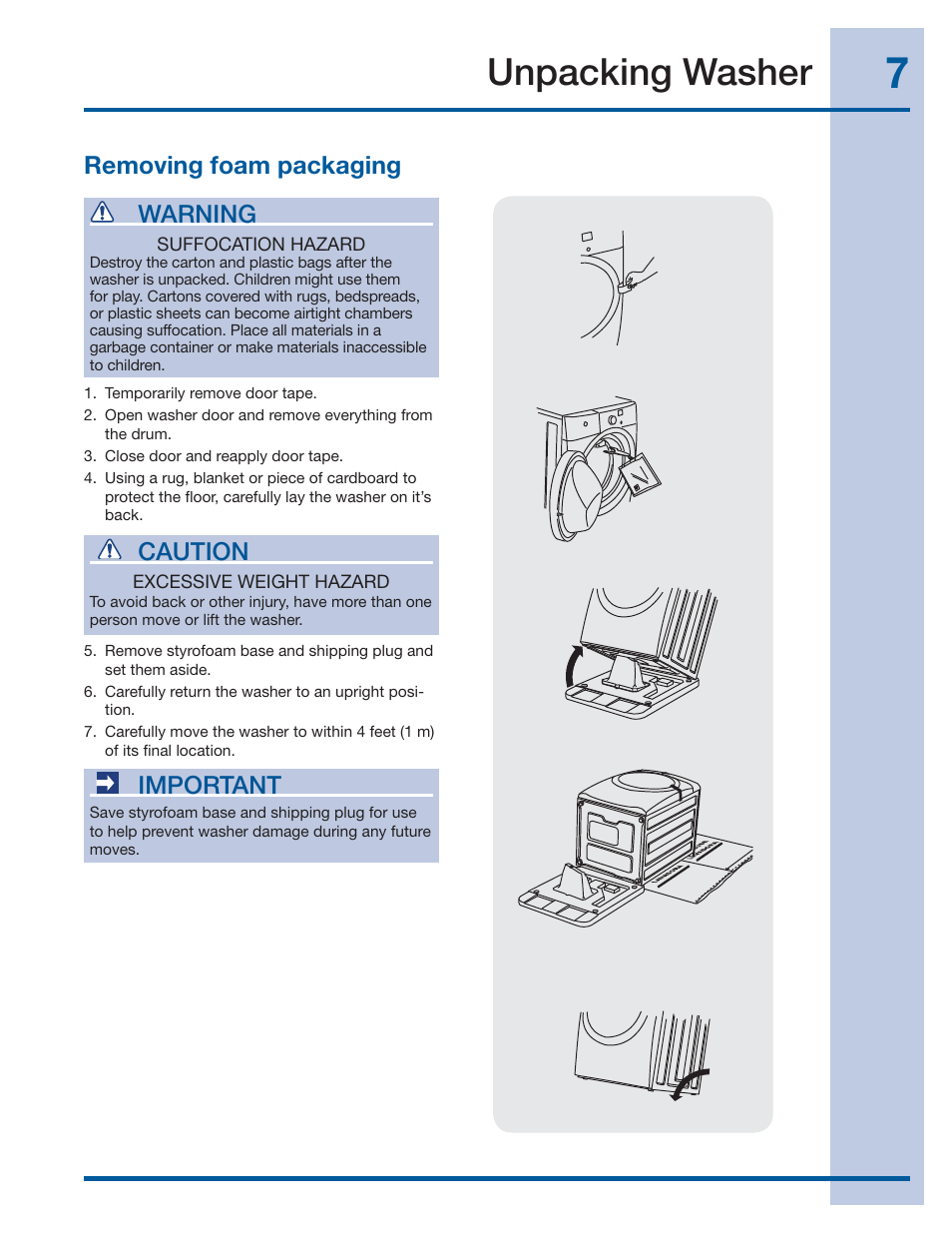 Unpacking washer, Removing foam packaging, Important | Caution, Warning | Electrolux EIFLS60LT User Manual | Page 7 / 60