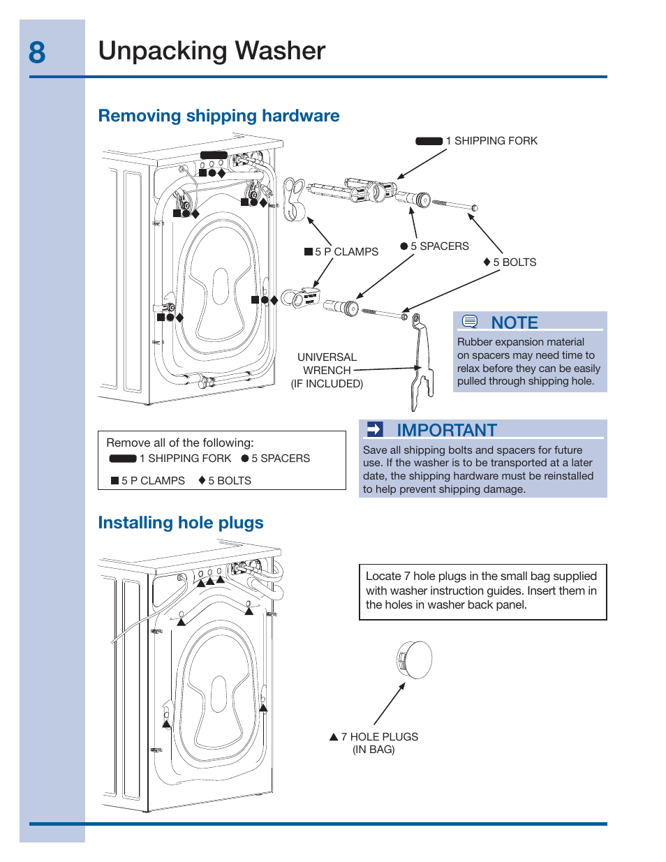 Unpacking washer, Important | Electrolux EIFLS60LT User Manual | Page 8 / 60