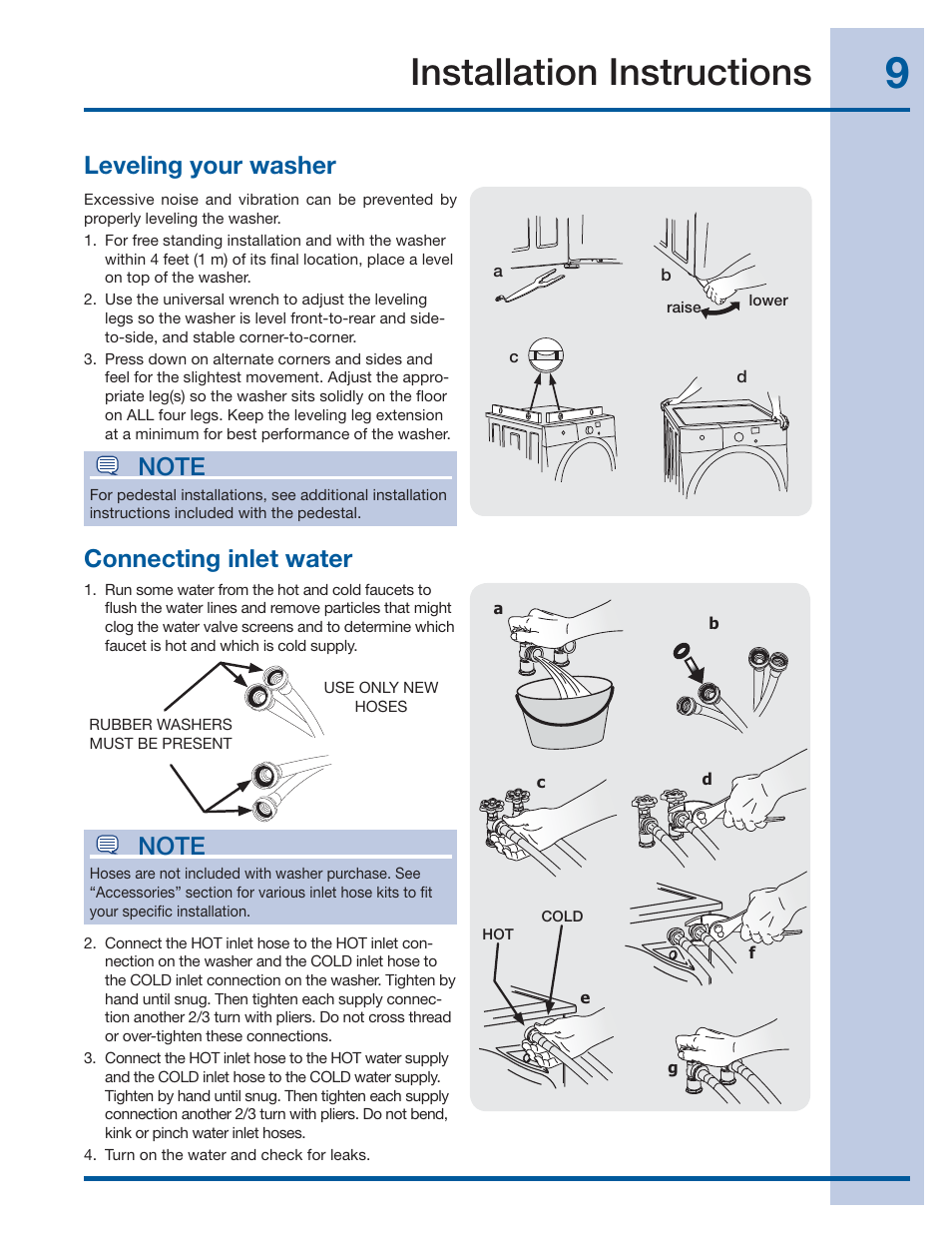 Installation instructions, Leveling your washer, Connecting inlet water | Electrolux EIFLS60LT User Manual | Page 9 / 60