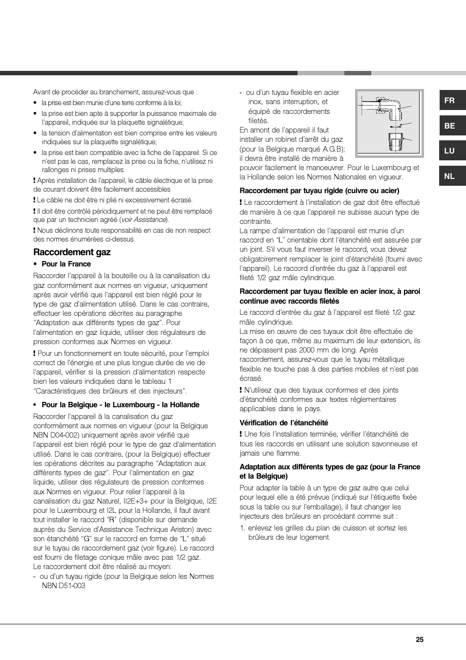 Raccordement gaz | Hotpoint Ariston TQ 751 (ICE) K X-HA User Manual | Page 25 / 56