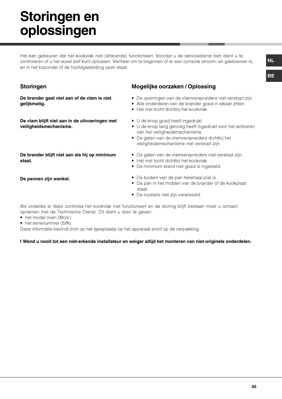 Storingen en oplossingen | Hotpoint Ariston TQ 751 (ICE) K X-HA User Manual | Page 45 / 56