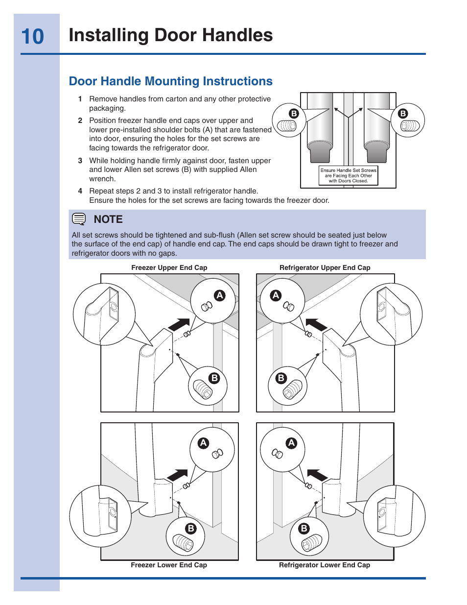 Installing door handles, Door handle mounting instructions | Electrolux EI23CS35KB User Manual | Page 10 / 43