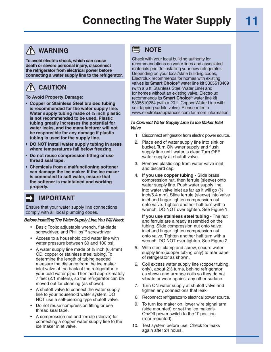 Connecting the water supply, Warning, Important | Caution | Electrolux EI23CS35KB User Manual | Page 11 / 43