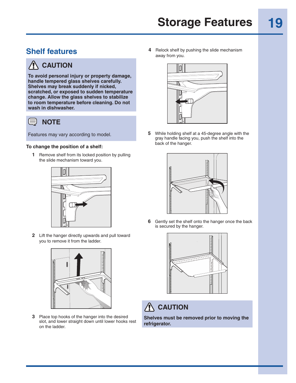 Storage features, Shelf features, Caution | Electrolux EI23CS35KB User Manual | Page 19 / 43