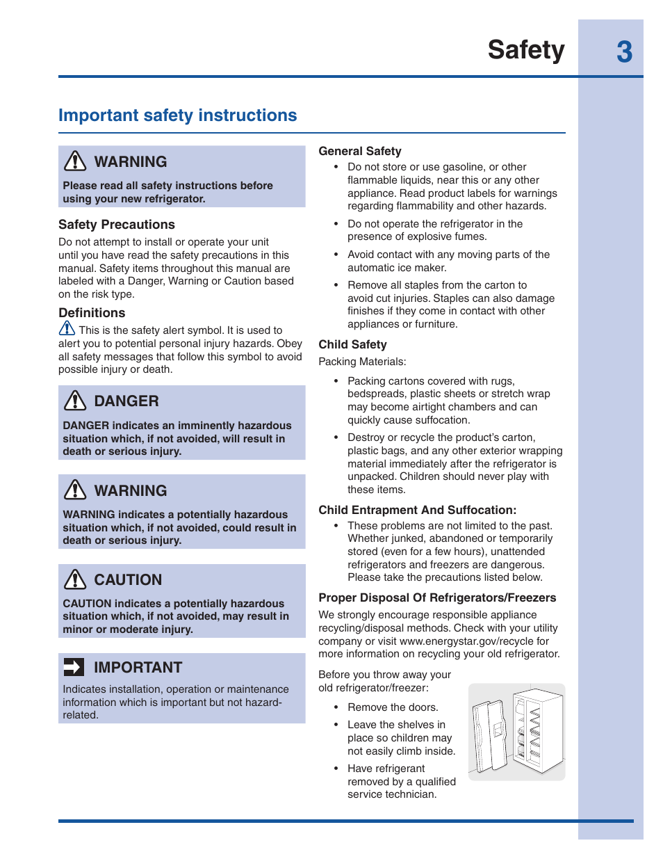 Safety, Important safety instructions, Warning | Important, Caution, Danger | Electrolux EI23CS35KB User Manual | Page 3 / 43