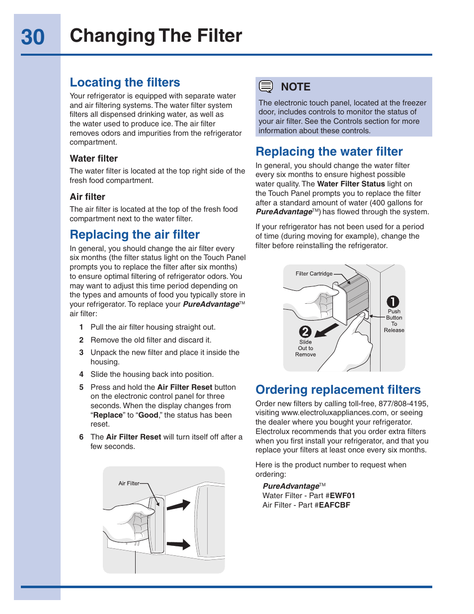 Changing the filter, Locating the filters, Replacing the air filter | Ordering replacement filters, Replacing the water filter | Electrolux EI23CS35KB User Manual | Page 30 / 43