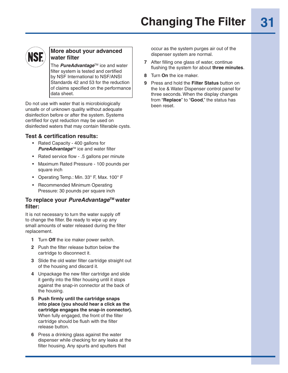 Changing the filter | Electrolux EI23CS35KB User Manual | Page 31 / 43