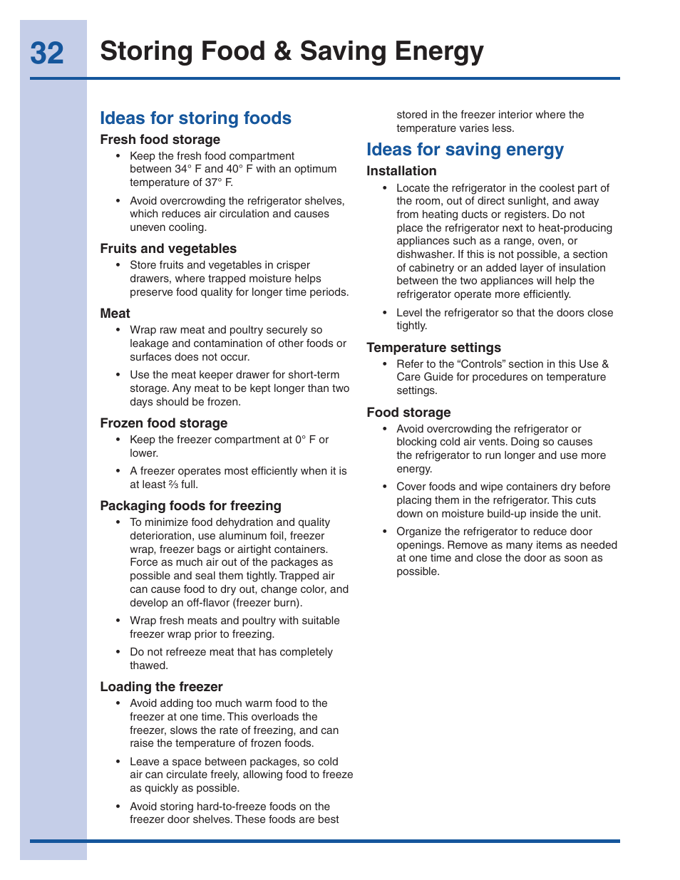 Storing food & saving energy, Ideas for storing foods, Ideas for saving energy | Electrolux EI23CS35KB User Manual | Page 32 / 43