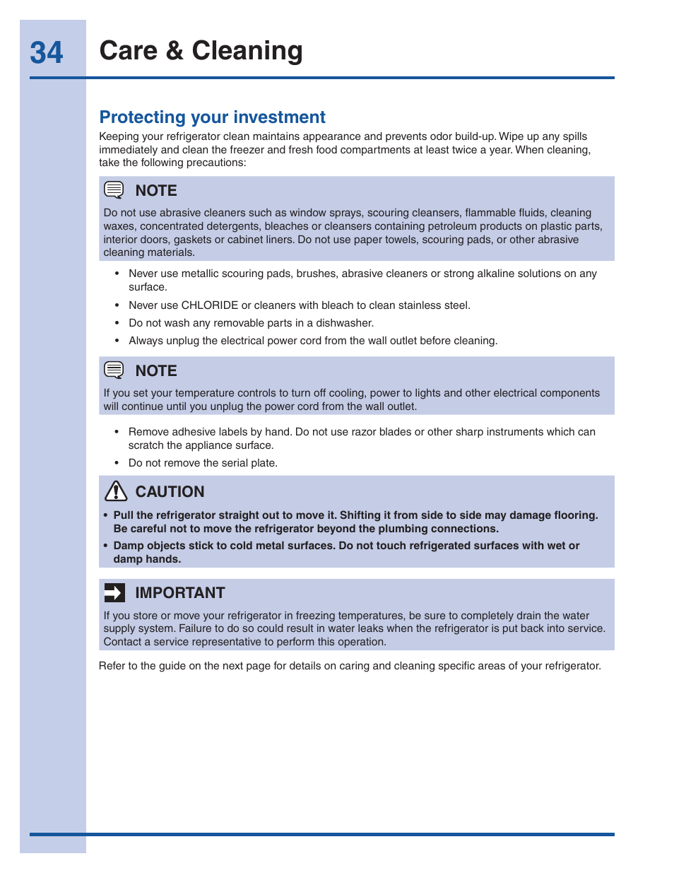 Care & cleaning, Protecting your investment | Electrolux EI23CS35KB User Manual | Page 34 / 43