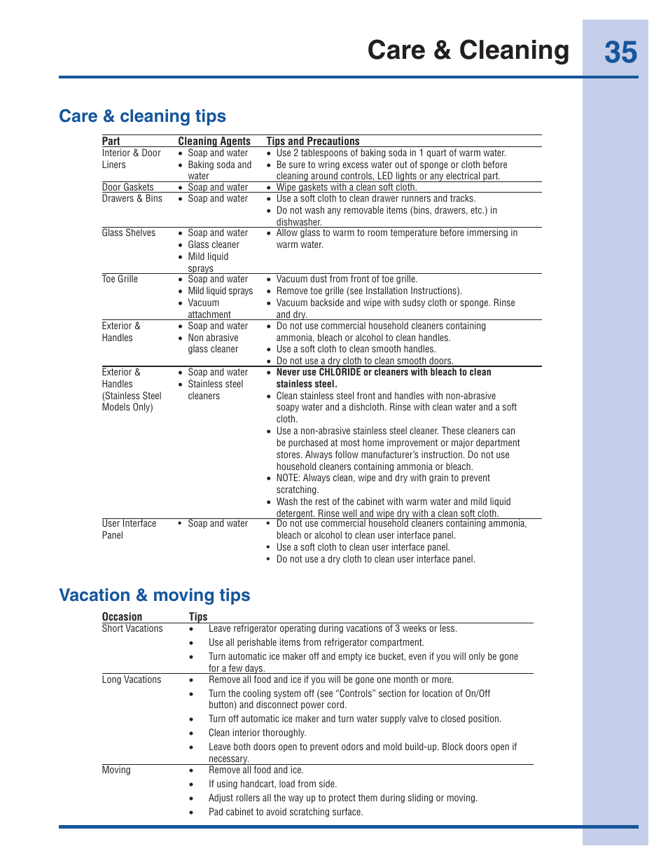 Care & cleaning, Care & cleaning tips vacation & moving tips | Electrolux EI23CS35KB User Manual | Page 35 / 43