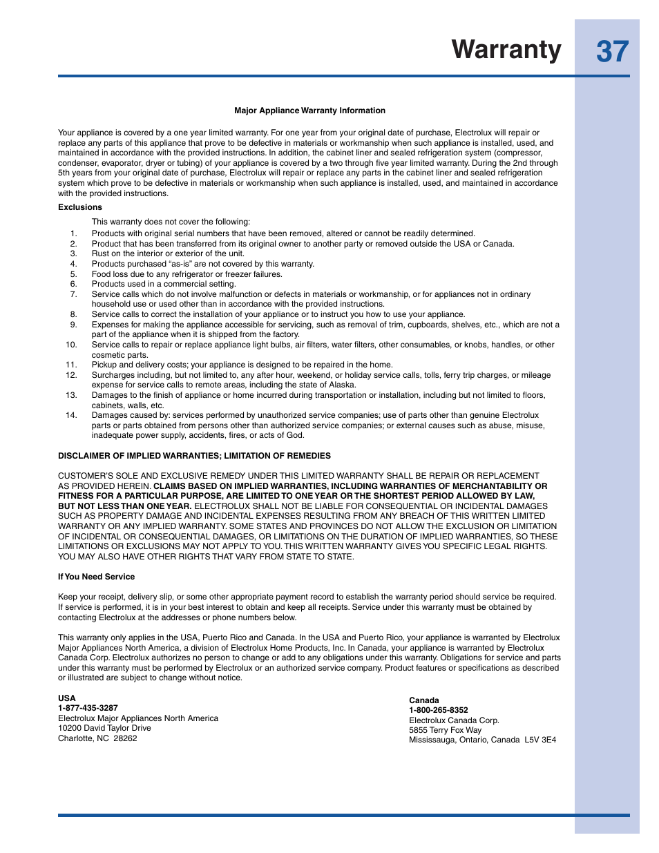 Warranty | Electrolux EI23CS35KB User Manual | Page 37 / 43