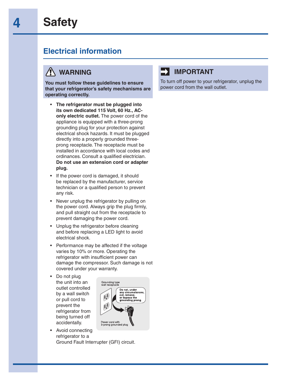Safety, Electrical information | Electrolux EI23CS35KB User Manual | Page 4 / 43