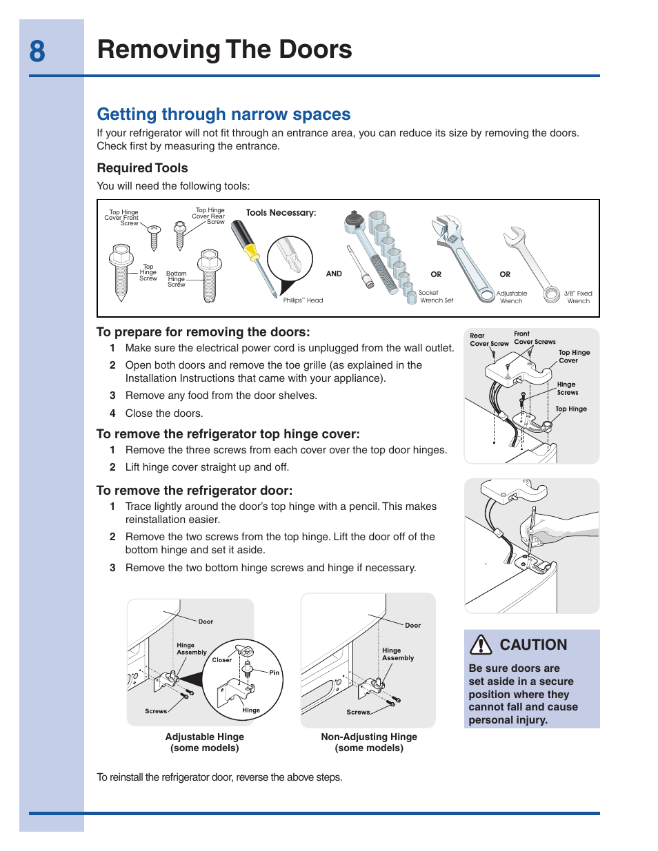 Removing the doors, Getting through narrow spaces, Caution | Required tools | Electrolux EI23CS35KB User Manual | Page 8 / 43