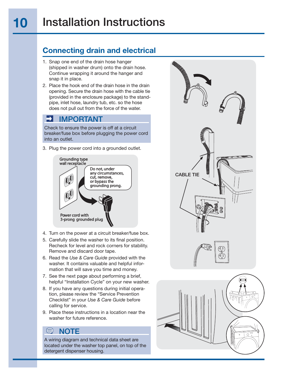 Installation instructions, Connecting drain and electrical, Important | Electrolux EIFLS60JIW User Manual | Page 10 / 56