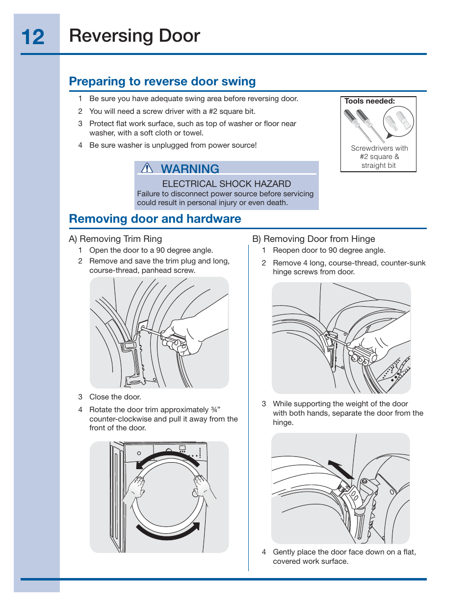 Reversing door, Warning, Removing door and hardware | Preparing to reverse door swing | Electrolux EIFLS60JIW User Manual | Page 12 / 56