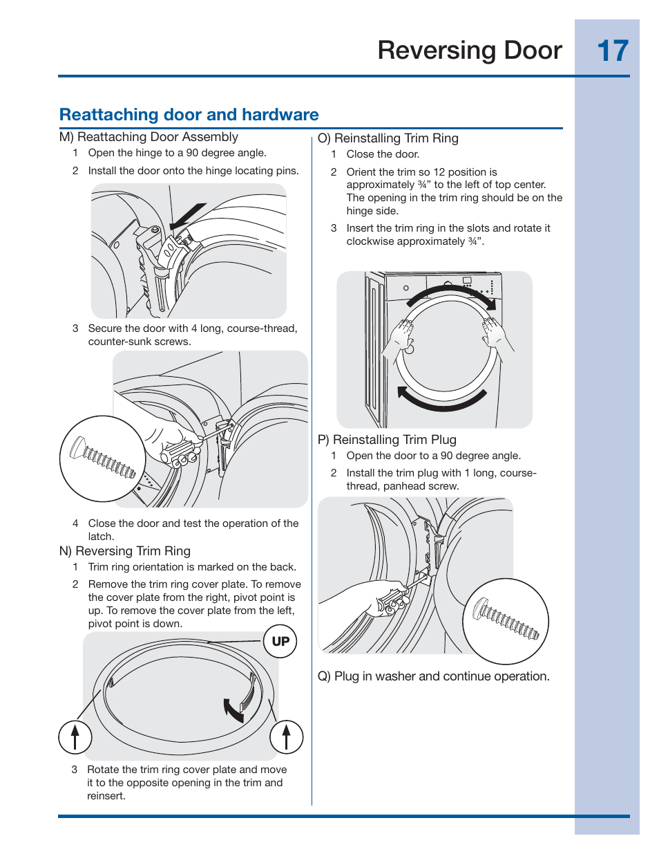 Reversing door, Reattaching door and hardware | Electrolux EIFLS60JIW User Manual | Page 17 / 56