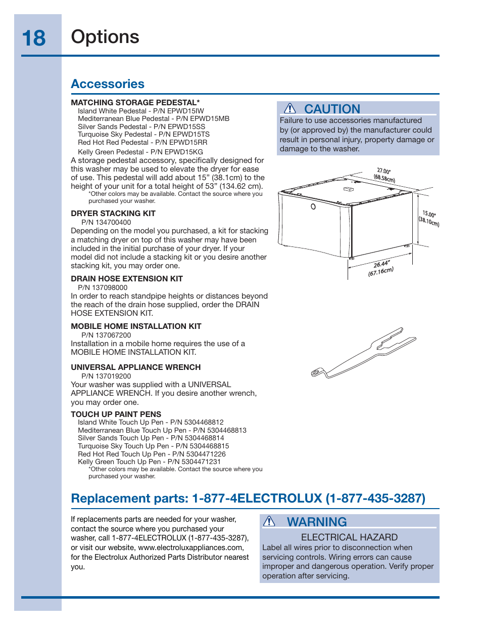 Options, Warning, Caution | Electrolux EIFLS60JIW User Manual | Page 18 / 56