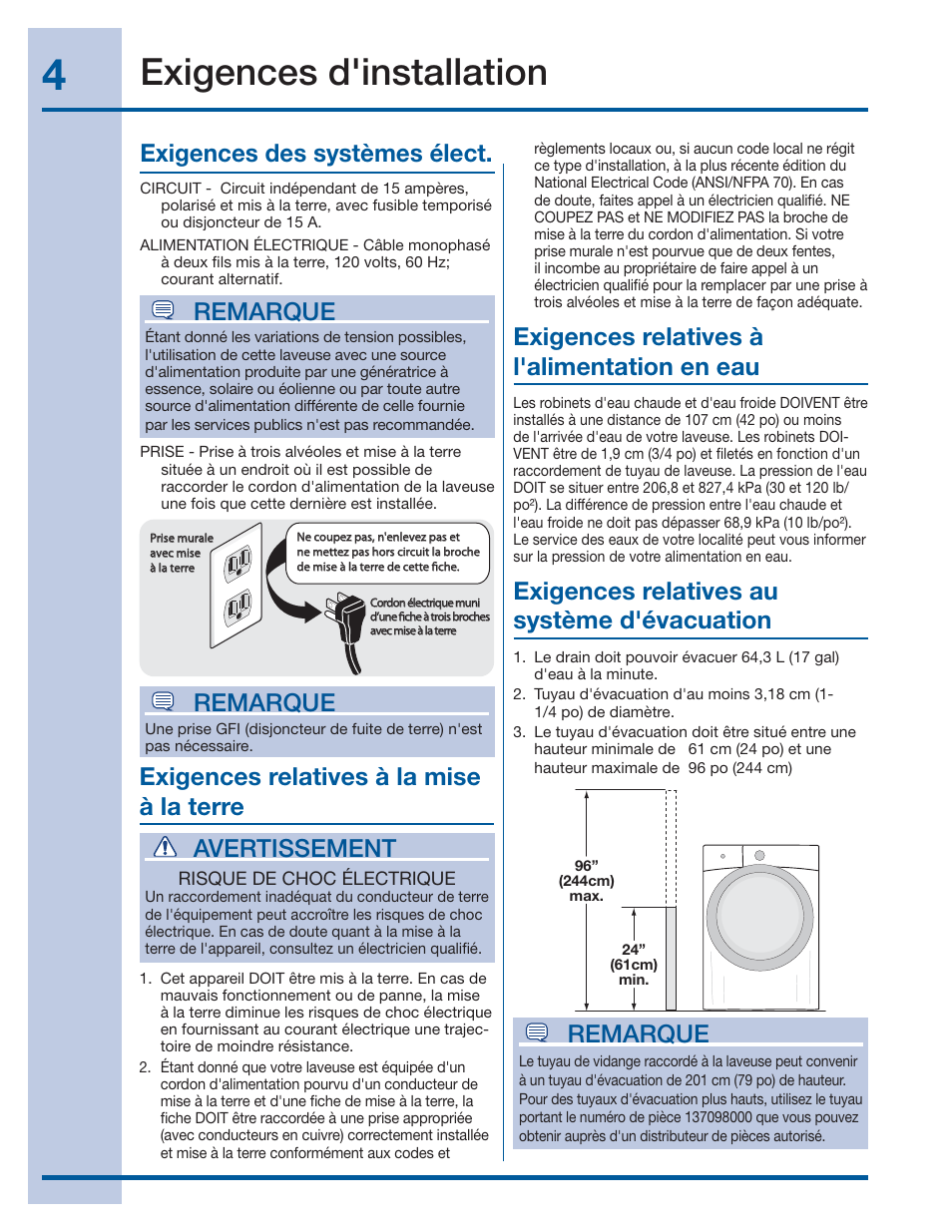 Exigences d'installation, Remarque, Avertissement | Electrolux EIFLS60JIW User Manual | Page 22 / 56